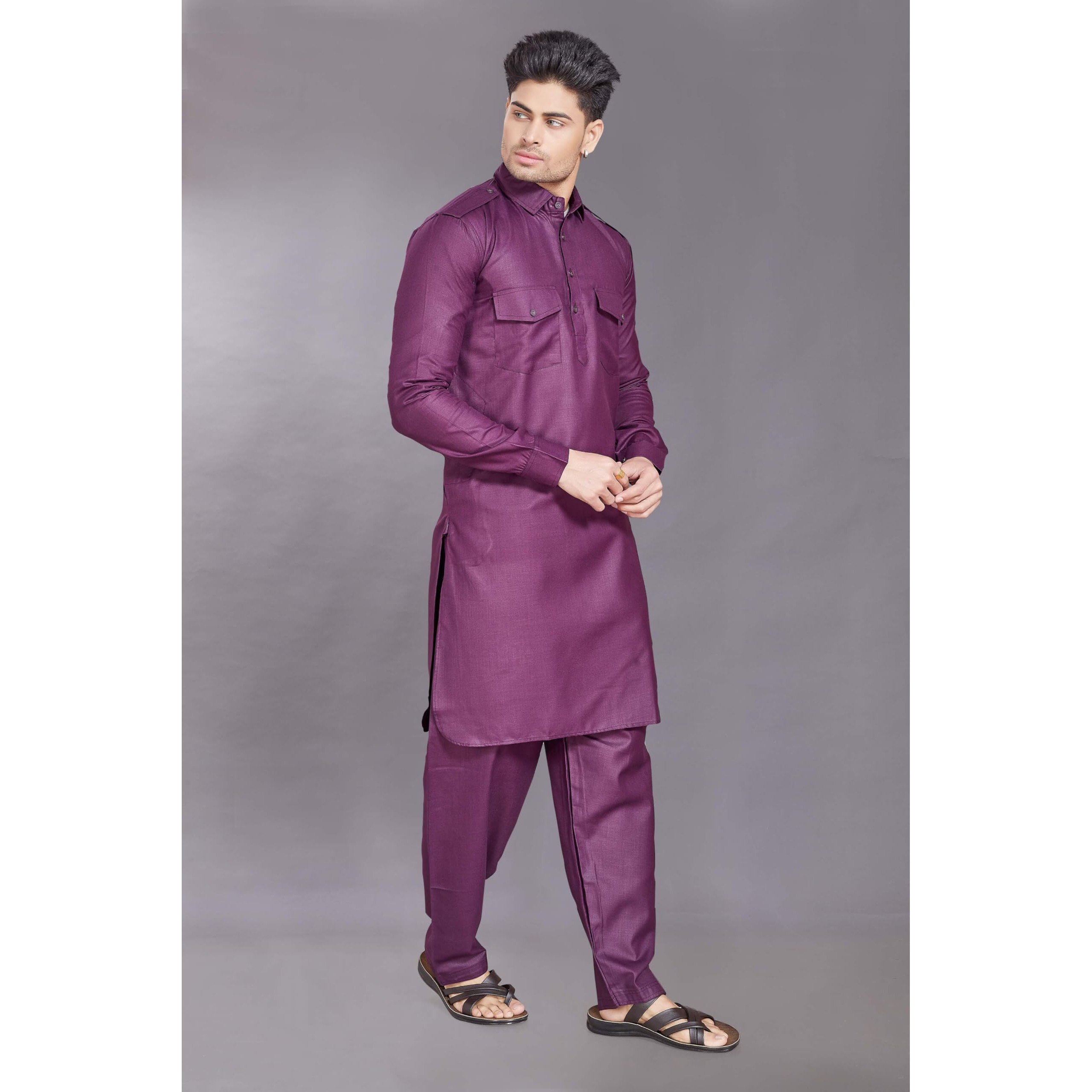 Divisive Men's Cotton Blend Pathani Kurta Pyjama Set (Dkrt460_S_Wine)