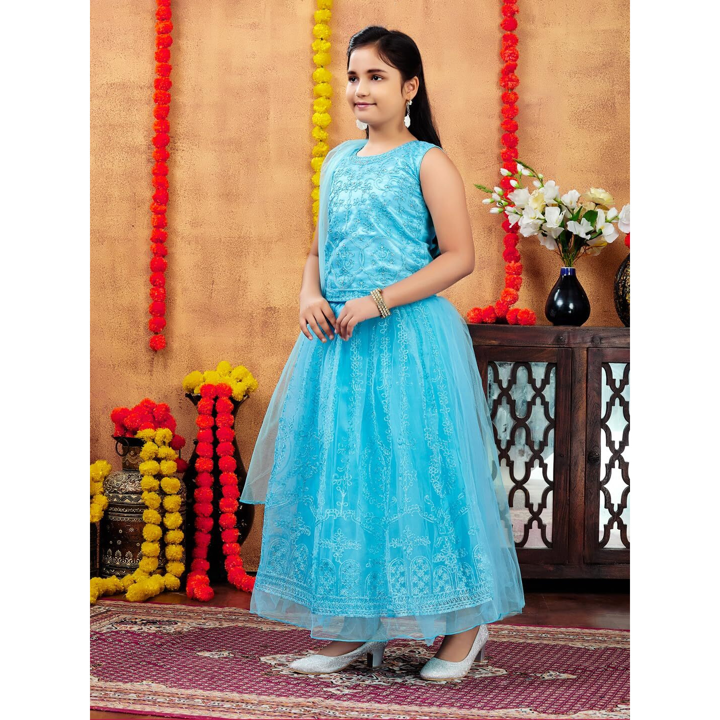 Aarika Girls Ethnic Wear Turquoise Colour Thread Embroidery Net Lehenga Choli Set (4-10 Years)