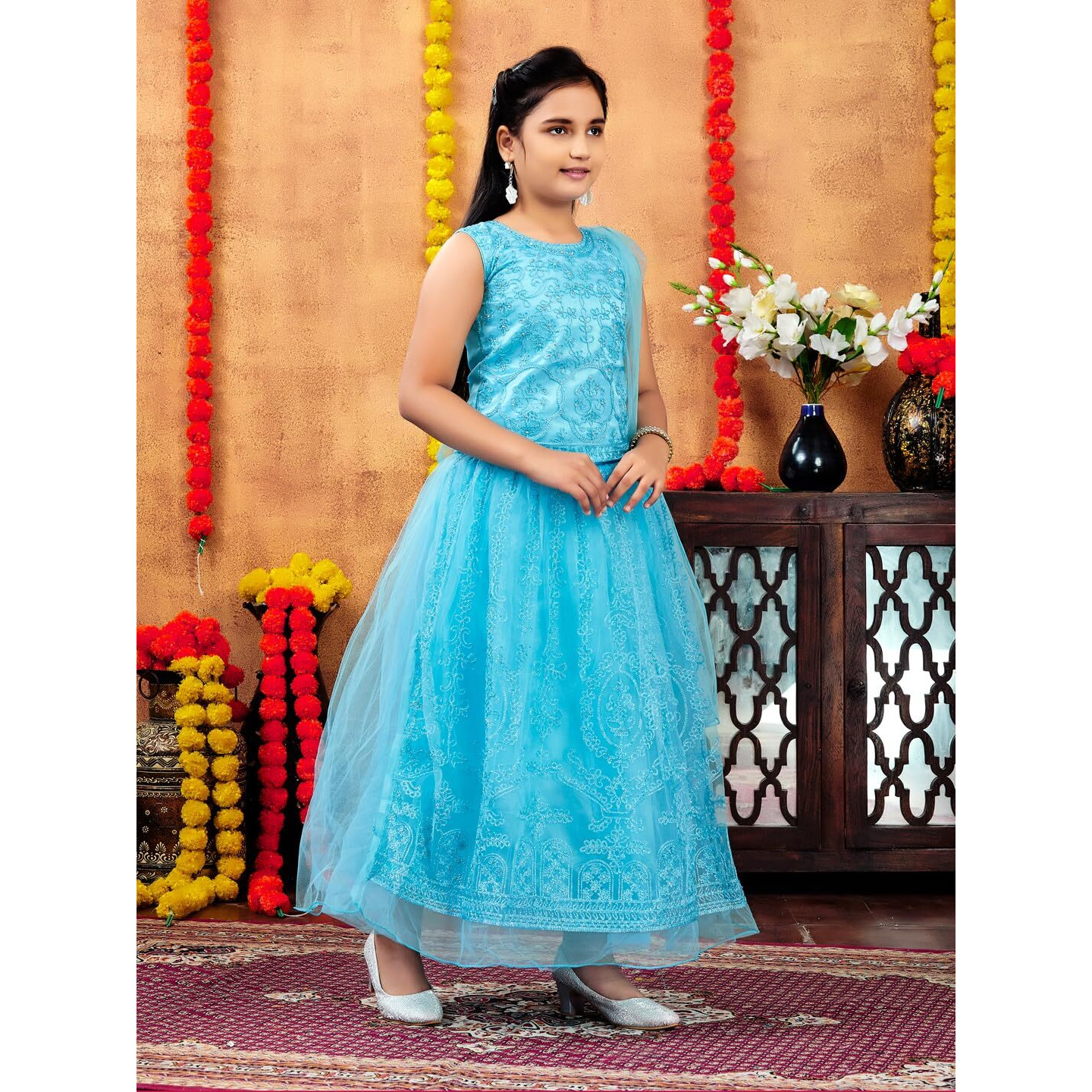 Aarika Girls Ethnic Wear Turquoise Colour Thread Embroidery Net Lehenga Choli Set (4-10 Years)