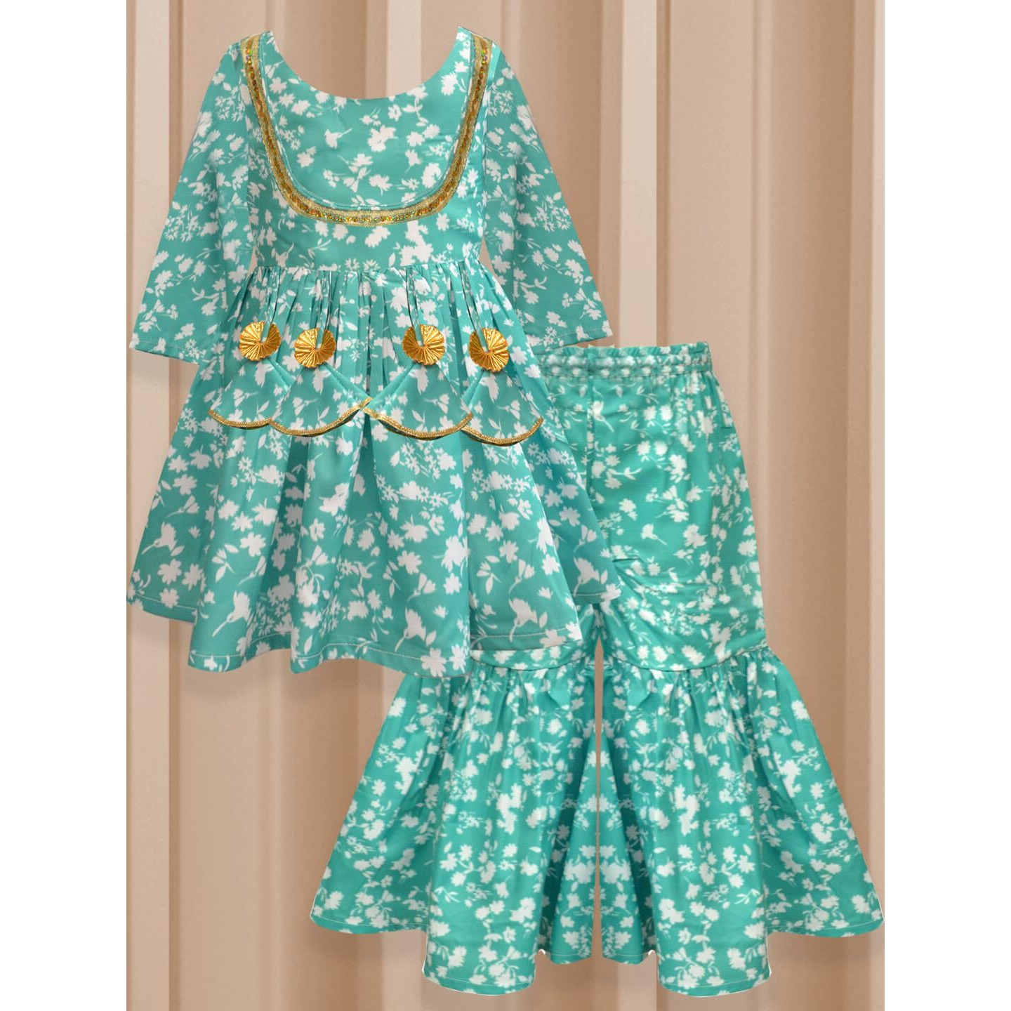 A.T.U.N. (All Things Uber Nice) A.T.U.N. Girls Ethnic Wear Sharara | Floral Green Printed Kurta With Sharara Set For Girls