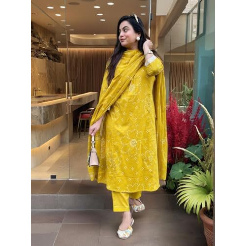 Anni Designer Women's Rayon Viscose Straight Printed Kurta With Pant & Dupatta (Radnya Yellow_Xl_Yellow_X-Large)
