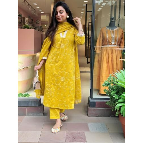 Anni Designer Women's Rayon Viscose Straight Printed Kurta With Pant & Dupatta (Radnya Yellow_Xl_Yellow_X-Large)