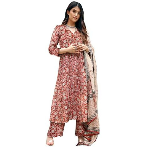 Anni Designer Women's Rayon Viscose Anarkali Printed Kurta With Pant & Dupatta (Stfu Red_S_Red_Small)