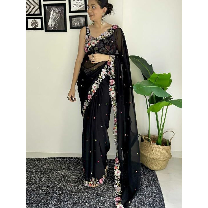 Flosive Women's Embroidered Bollywood Georgette Saree (Black)