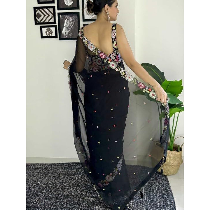 Flosive Women's Embroidered Bollywood Georgette Saree (Black)