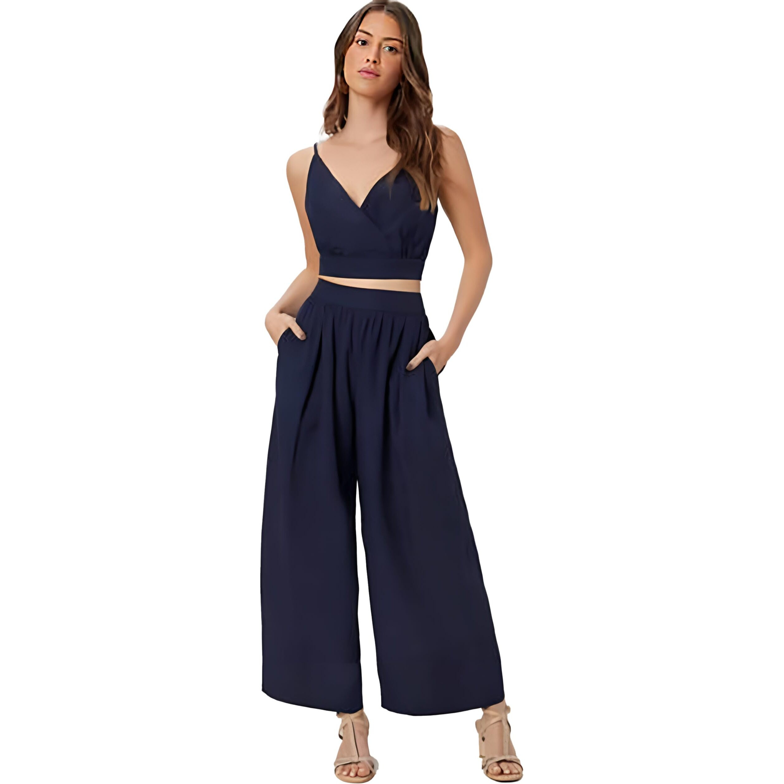 Kotty Women's Solid Relaxed Fit Sleeveless Co-Ord Top And Trouser Set. Navy Blue