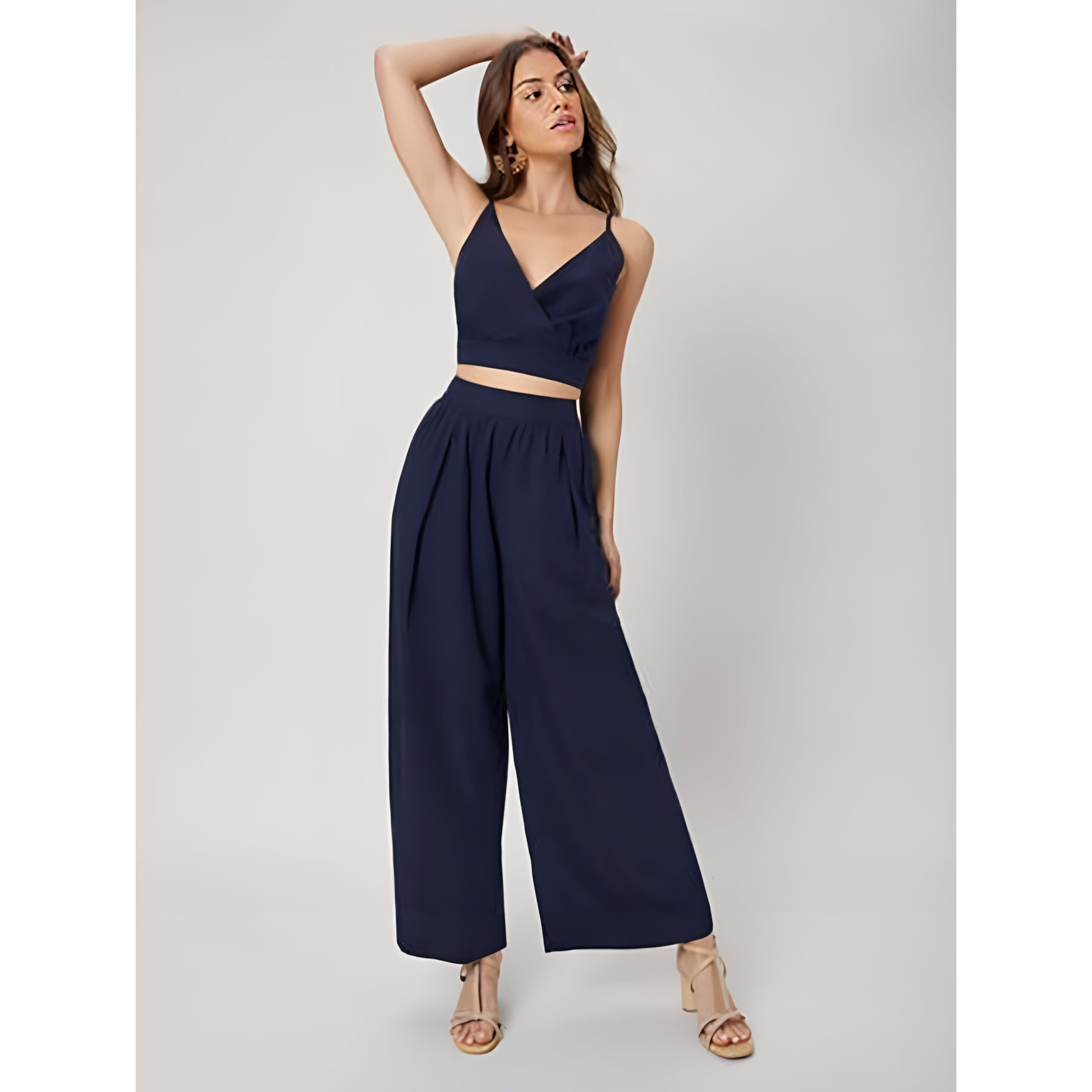 Kotty Women's Solid Relaxed Fit Sleeveless Co-Ord Top And Trouser Set. Navy Blue