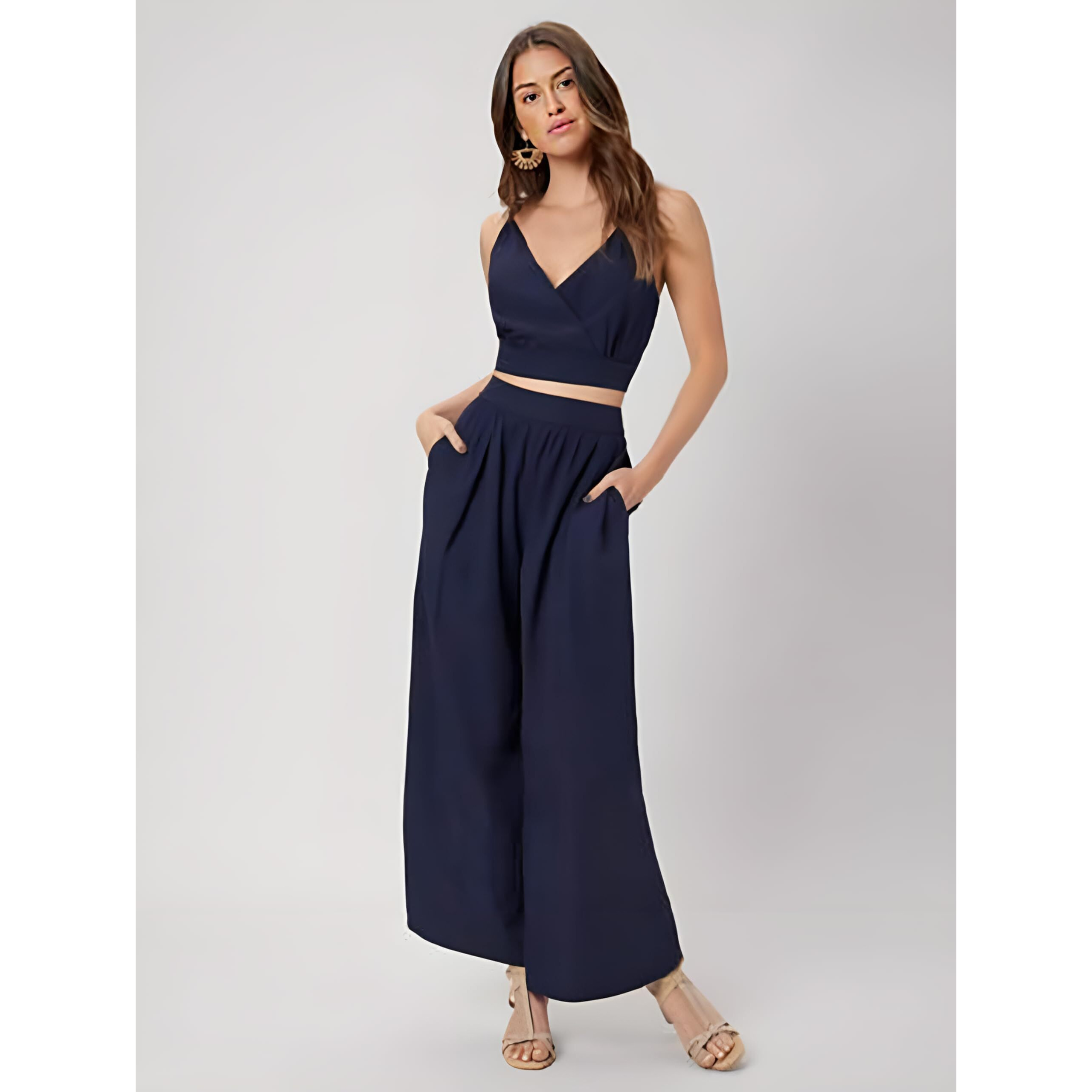 Kotty Women's Solid Relaxed Fit Sleeveless Co-Ord Top And Trouser Set. Navy Blue