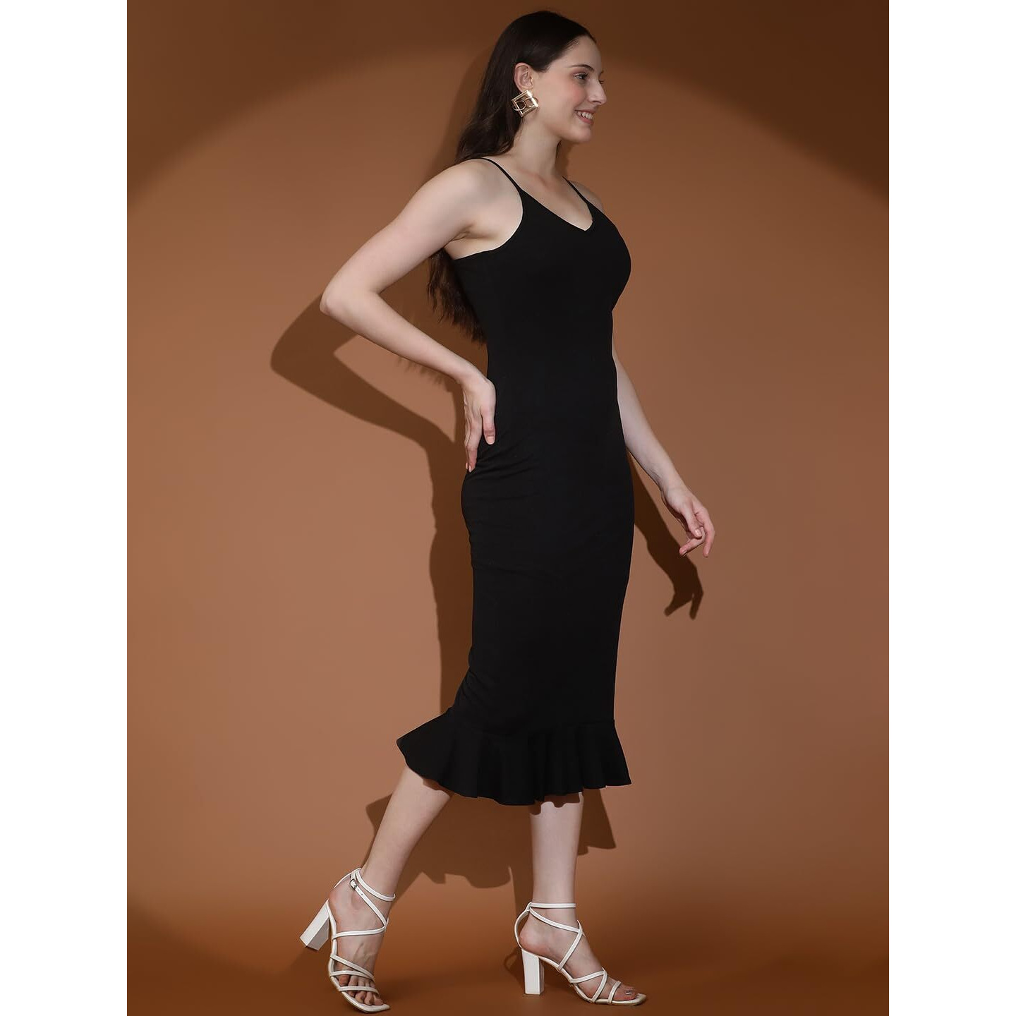 Kotty Women's Shoulder Straps Bodycon Midi Dress(Black,Xl)