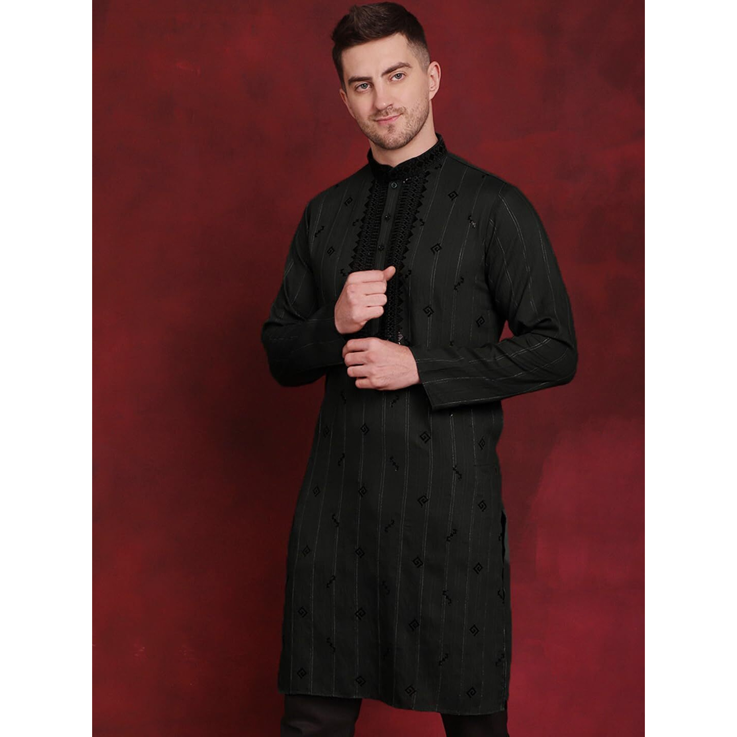 Jompers Sequins Embroidered Kurta Pyjama Set For Men. (Olive, Xl)