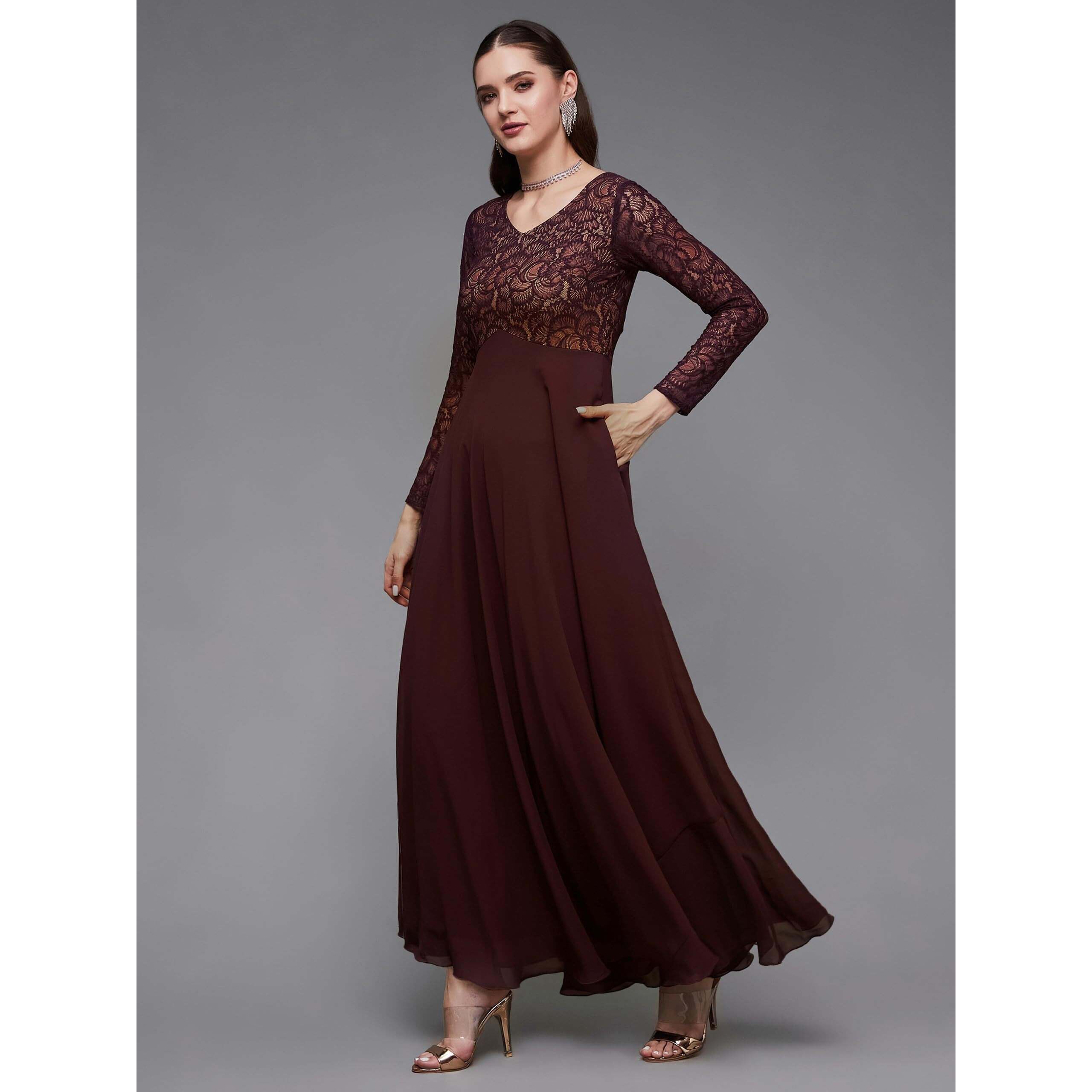 Miss Chase Women's V-Neck Full Sleeve Self Design Lace Overlaid Maxi Dress With Pockets (Plus (Mcaw23D13-85-184-05, Wine, L)