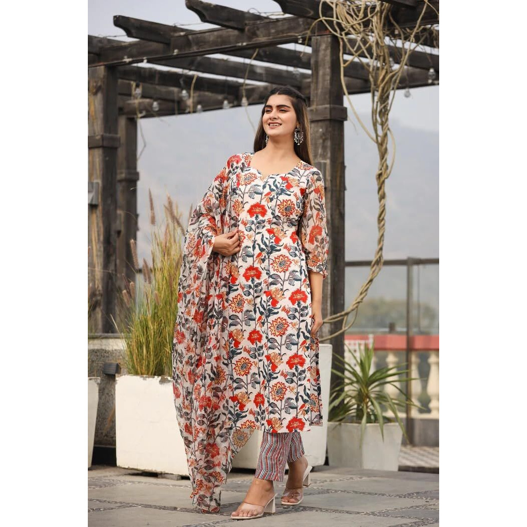 Leriya Fashion Floral Dresses For Women & Straight Kurtis, Kurta Set With Dupatta For Women (Small, White)
