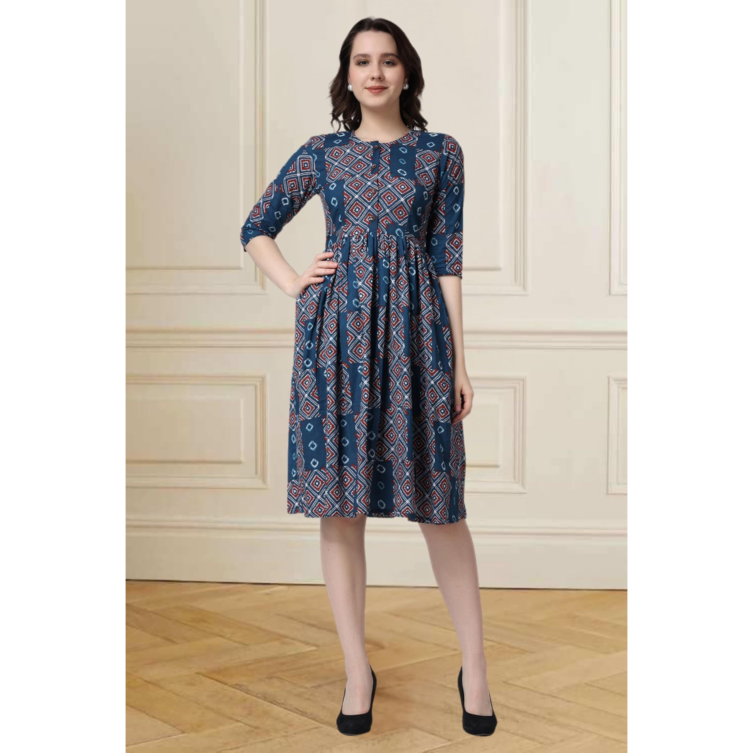 Popwings Casual Printed Peplum-Style Dress For Women || Cotton Summer Dress For Women || 3/4 Sleeves Dress For Women || Riound Neck Printed Cotton Dress For Women Navy