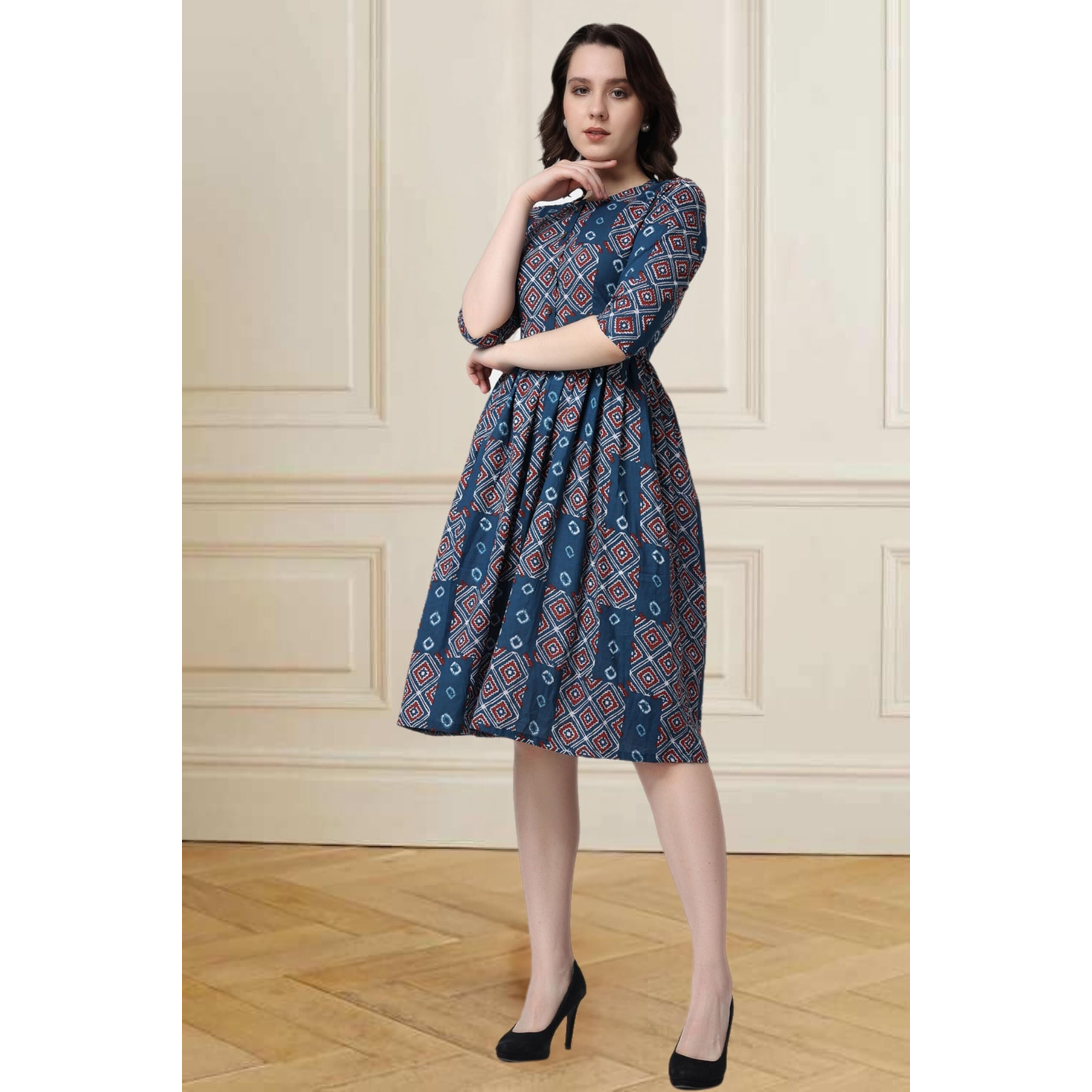 Popwings Casual Printed Peplum-Style Dress For Women || Cotton Summer Dress For Women || 3/4 Sleeves Dress For Women || Riound Neck Printed Cotton Dress For Women Navy