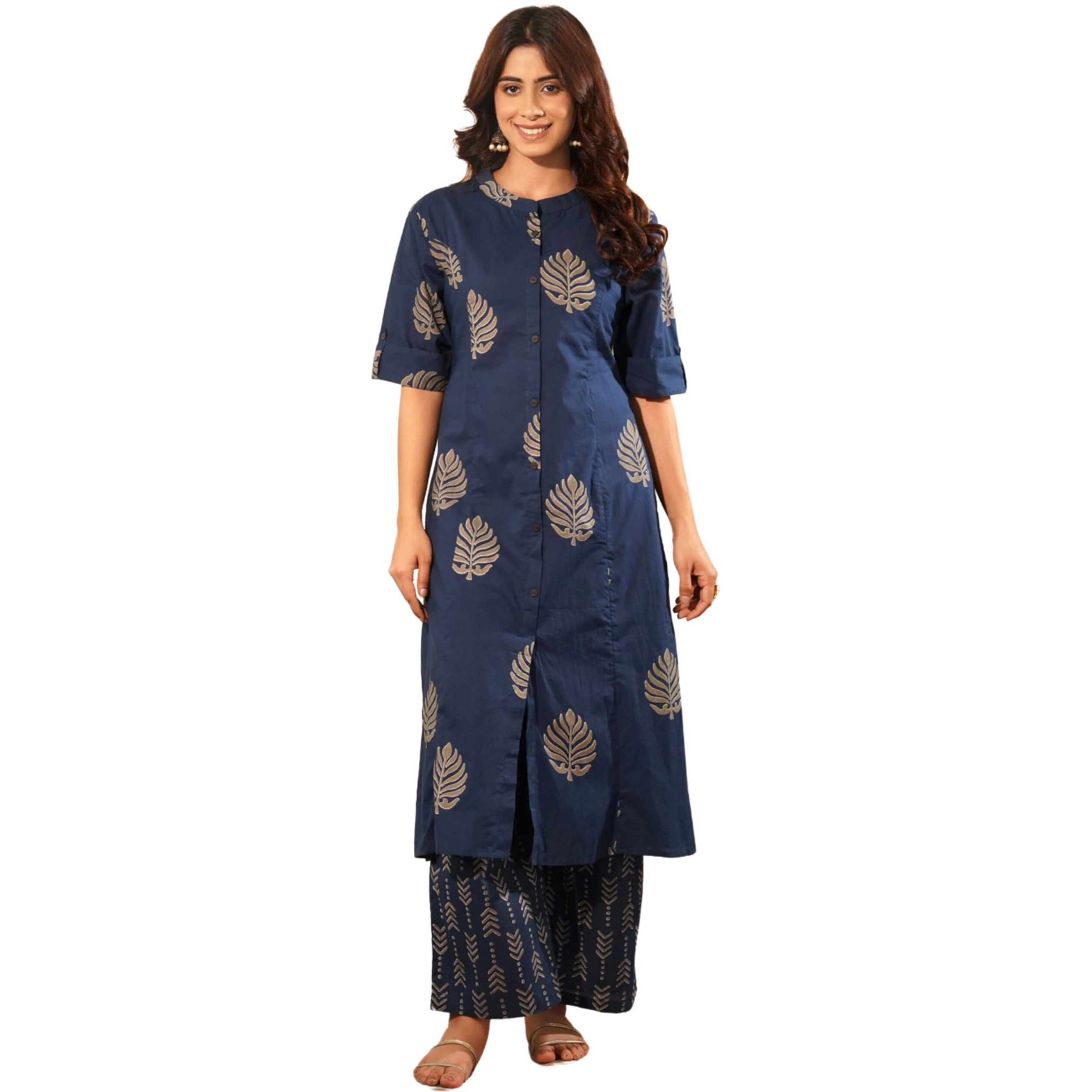 Rytras Women's Pure Cotton Printed Ethnic Wear A-Line Kurta Set With Palazzo Pants(Ryt642,Blue,S)