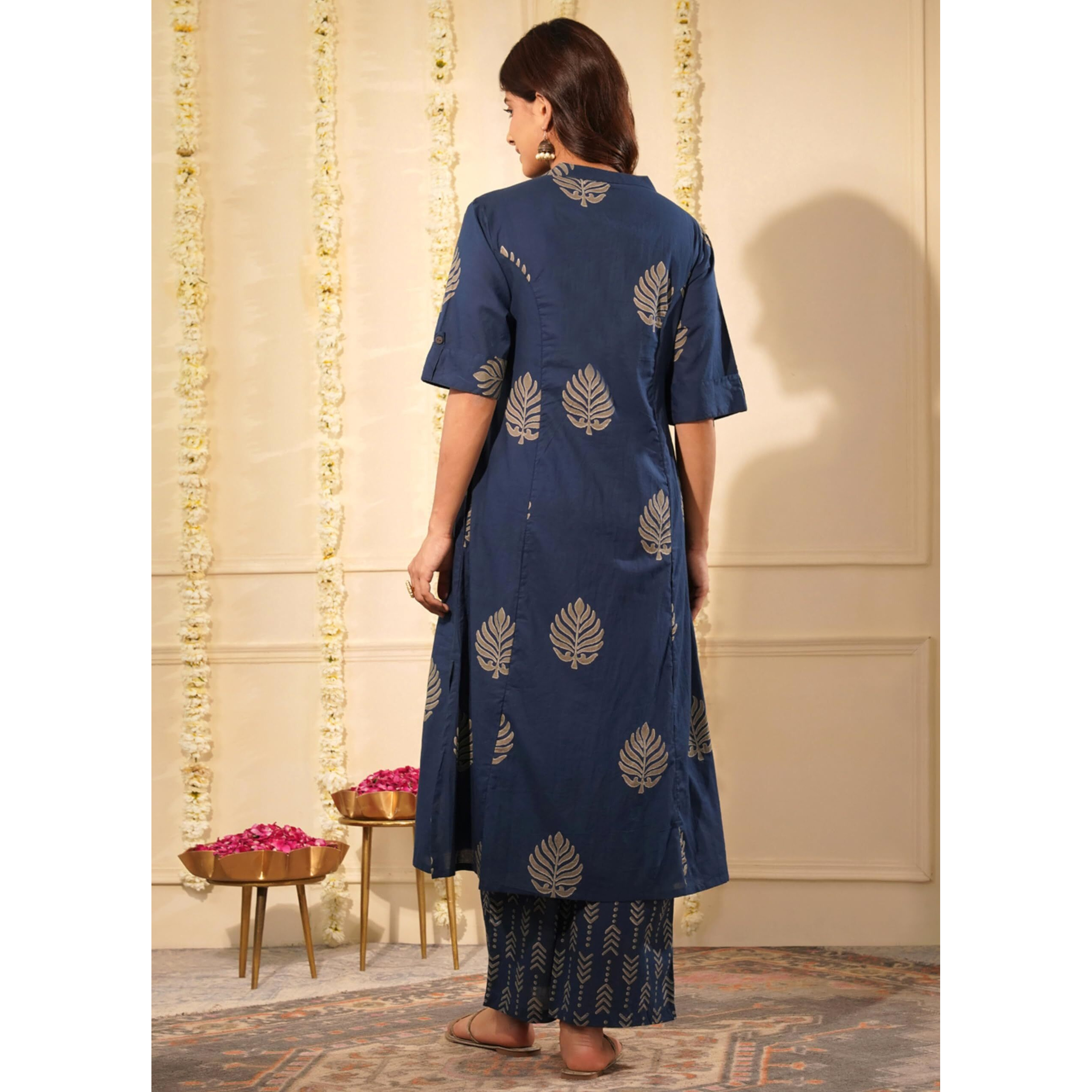 Rytras Women's Pure Cotton Printed Ethnic Wear A-Line Kurta Set With Palazzo Pants(Ryt642,Blue,S)