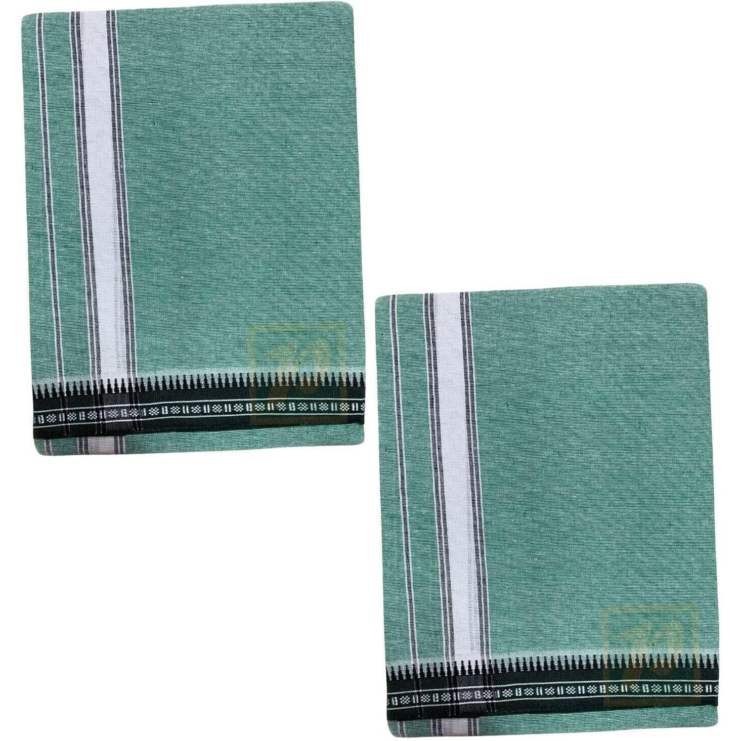 Prakasam Cotton Mens Single (1.28 X 2.00 Mtrs) Colour Thalapathi Border Dhoties/Fine Quality Single Dhoties (Green)-Pack Of 2 Dhoties