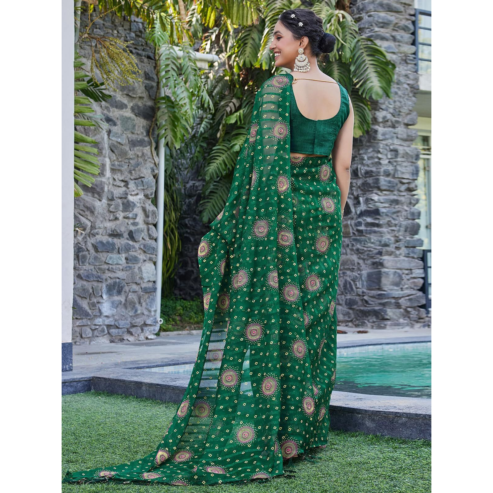 Satrani Women's Chiffon Woven Stripe Bandhani Printed Saree With Unstitched Blouse Piece (4328S235N_Dark Green)