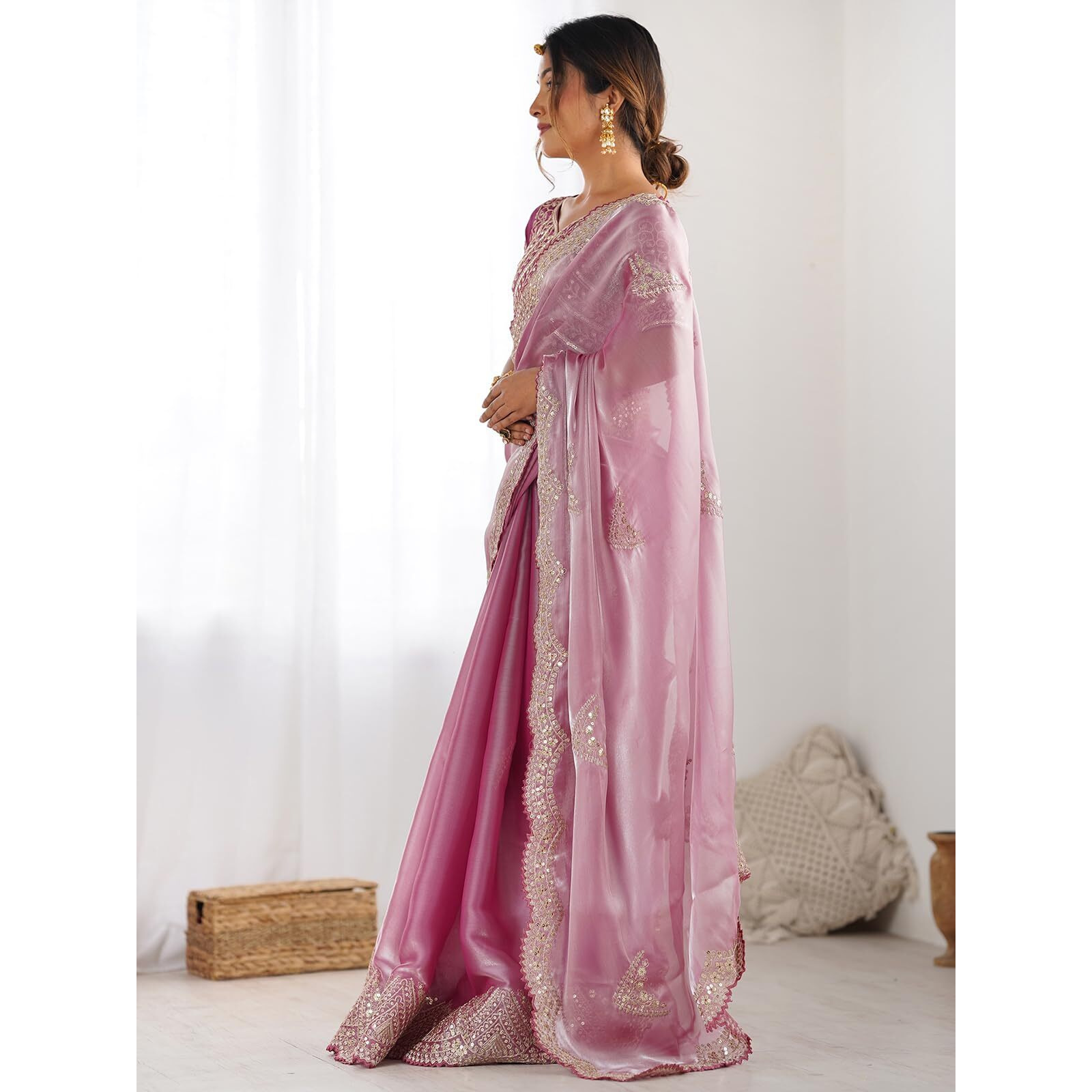 Satrani Women's Tissue Silk Dyed Sequin Embroidery & Scollped Border Festive Saree With Unstitched Blouse Piece (4218S6633Na_Pink)