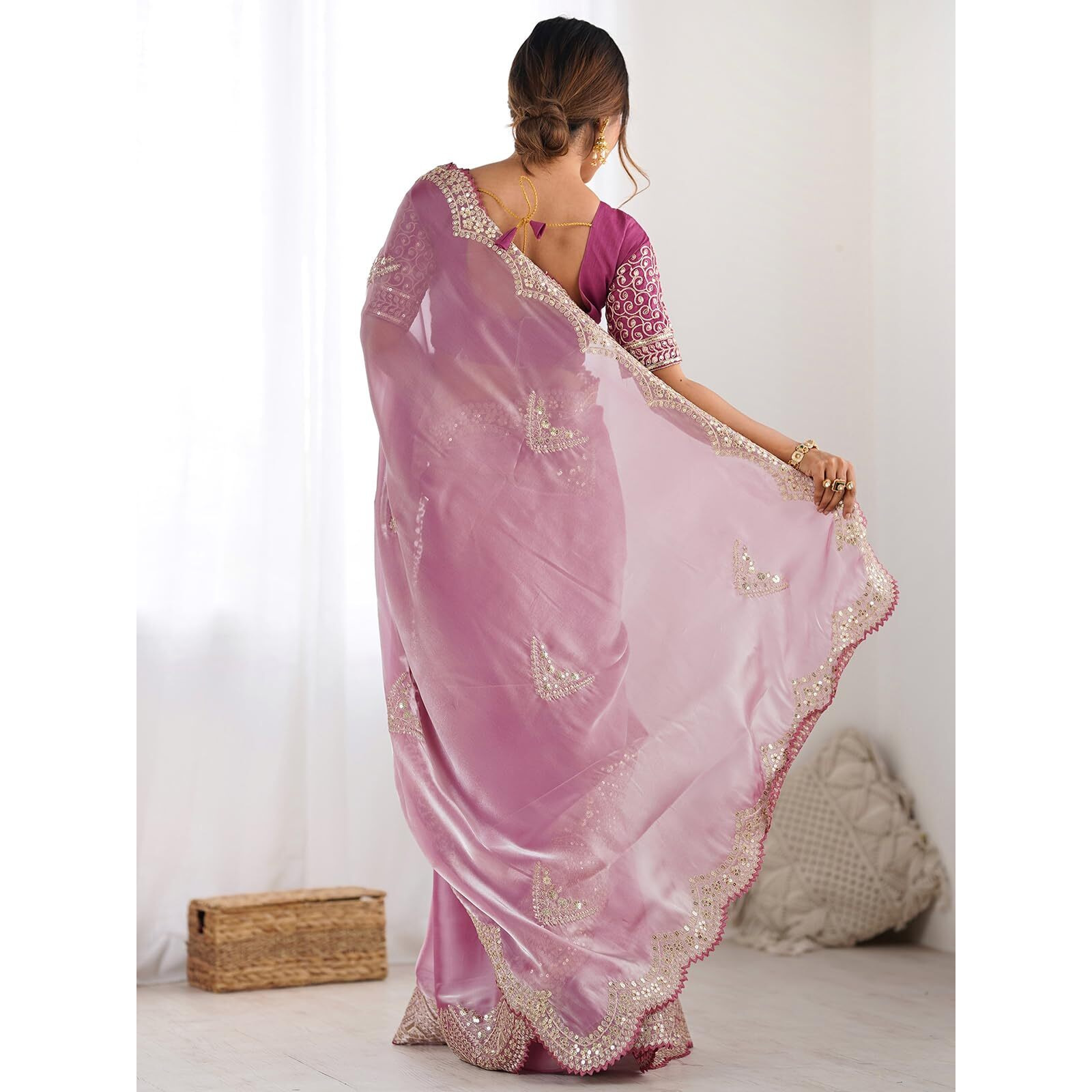 Satrani Women's Tissue Silk Dyed Sequin Embroidery & Scollped Border Festive Saree With Unstitched Blouse Piece (4218S6633Na_Pink)