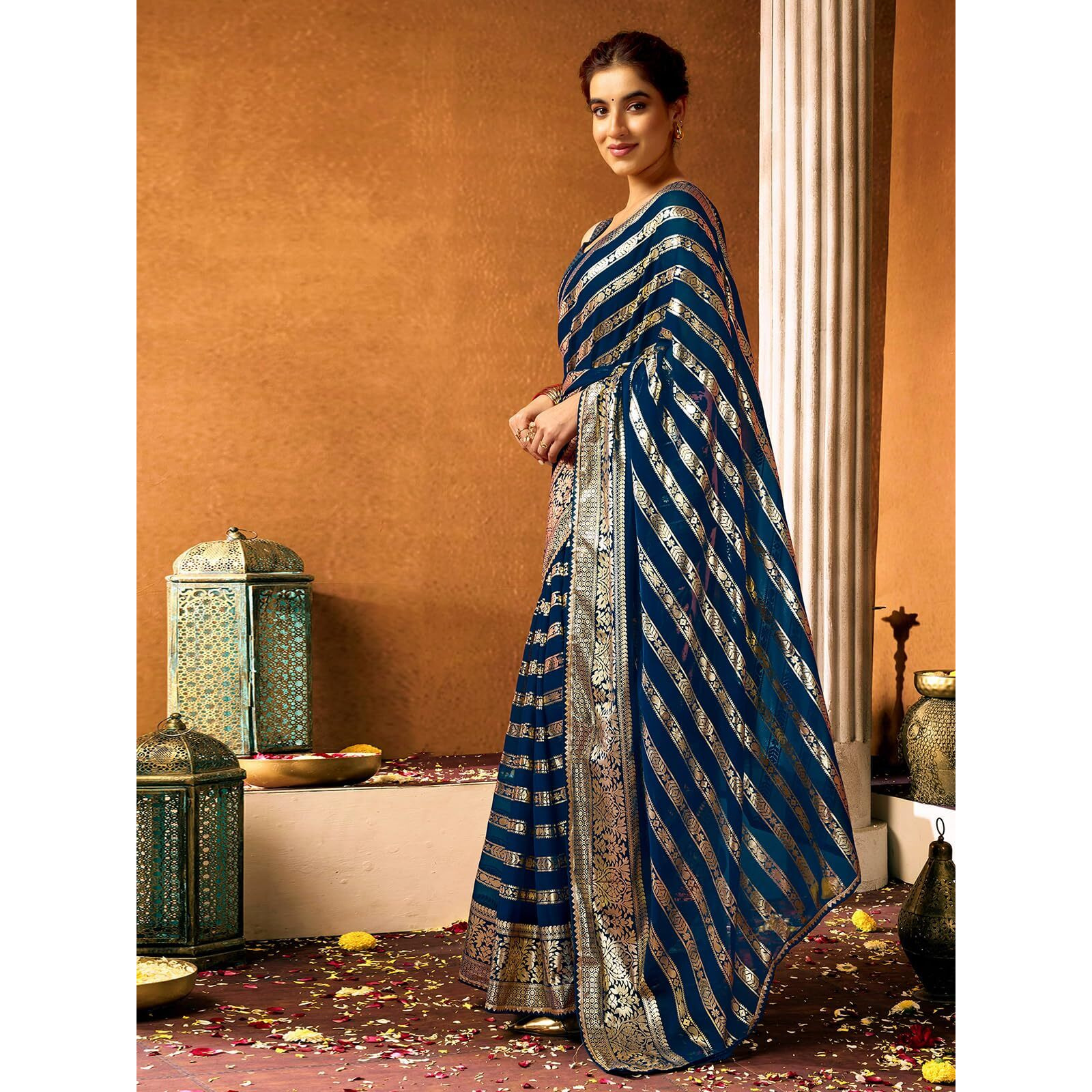 Satrani Women's Georgette Foil Print Gota Lace Work Saree With Unstitched Blouse Piece (4370S299N_Rama Blue2)