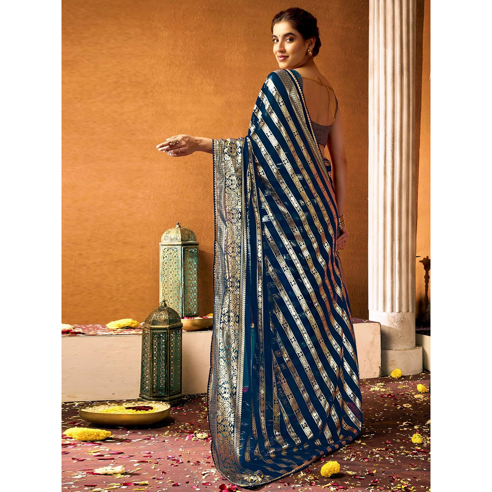 Satrani Women's Georgette Foil Print Gota Lace Work Saree With Unstitched Blouse Piece (4370S299N_Rama Blue2)