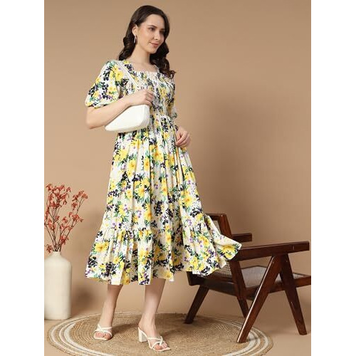 Kzully Women's Crepe A-Line Midi Dress (1001-White-Yellow-Flower-Xxl_White