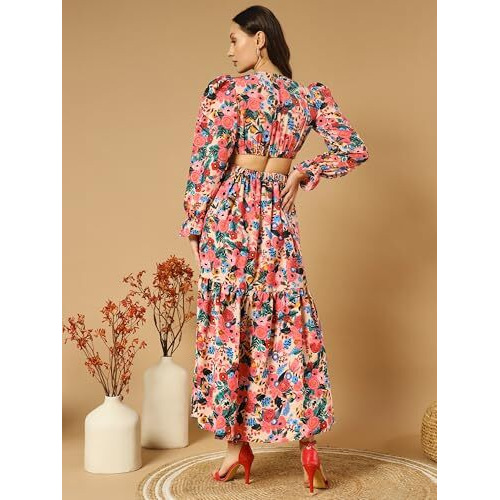 Kzully Women's Crepe A-Line Maxi Casual Dress (Sfs-2001-Blue-Rose-L-Print_Blue-Rose