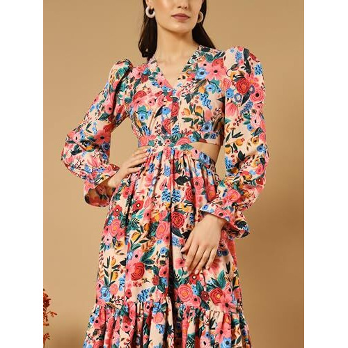 Kzully Women's Crepe A-Line Maxi Casual Dress (Sfs-2001-Blue-Rose-L-Print_Blue-Rose