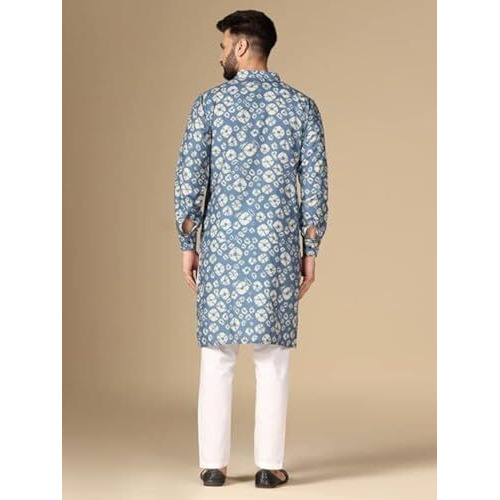 Leriya Fashion Men's Kurta || Ethnic Printed Kurta For Perfect Ethnic Look || Stand Collar Long Sleeve Kurta || Casual Printed Kurta | Regular Long Kurta. (Small, Blue) |Material Rayon