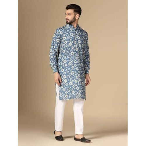 Leriya Fashion Men's Kurta || Ethnic Printed Kurta For Perfect Ethnic Look || Stand Collar Long Sleeve Kurta || Casual Printed Kurta | Regular Long Kurta. (Small, Blue) |Material Rayon