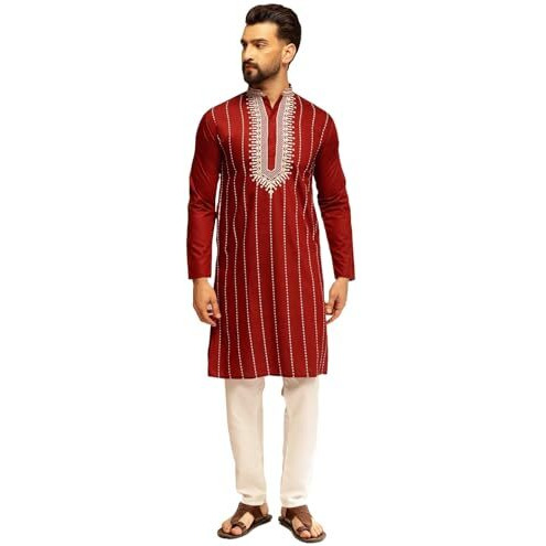 Sojanya (Since 1958 Men's Cotton Silk Elegant Neck Embroidered Maroon Kurta With White Pyjama
