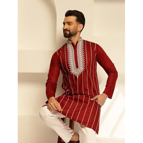Sojanya (Since 1958 Men's Cotton Silk Elegant Neck Embroidered Maroon Kurta With White Pyjama