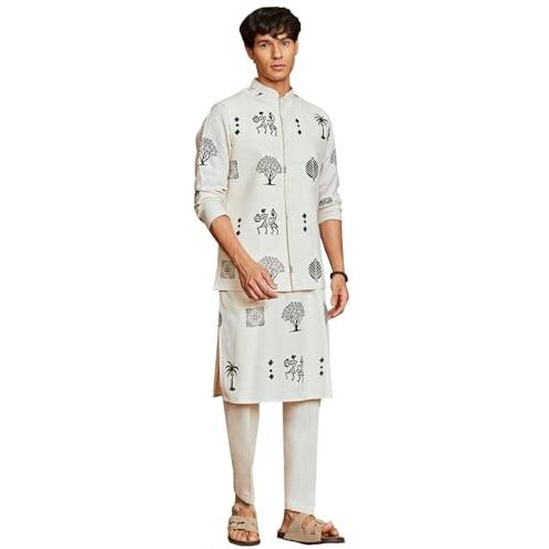 Vastramay Men's Cotton Block-Printed Nehru Jacket With Solid Kurta And Pant Set Festive & Ethnic Wear