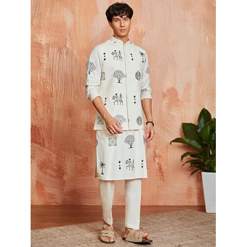 Vastramay Men's Cotton Block-Printed Nehru Jacket With Solid Kurta And Pant Set Festive & Ethnic Wear