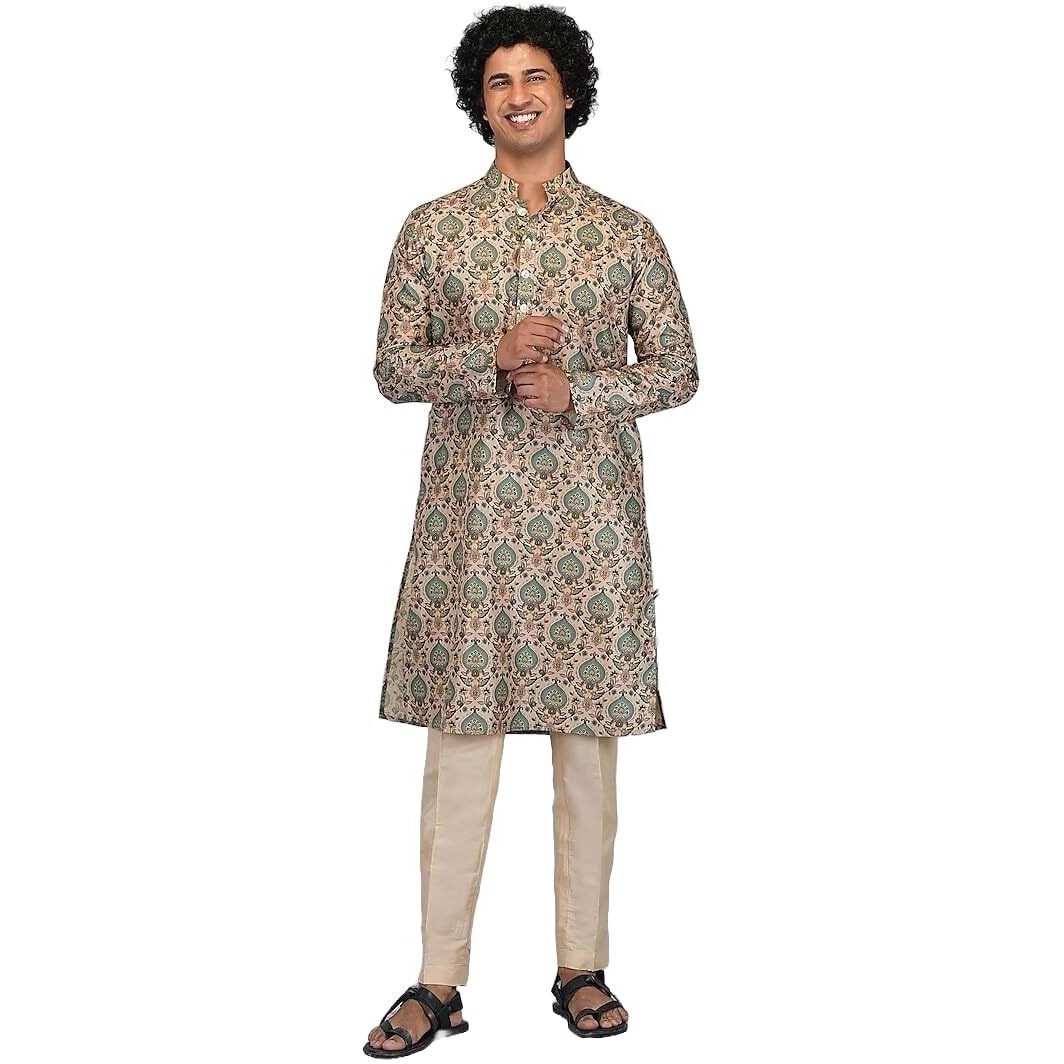 Lookmark Men's Cotton Blend Printed Long Kurta Suitable For All Indian Wedding, Occasions, And Festivals (Az-Lm-Og-Kurta 17-Xl) Green