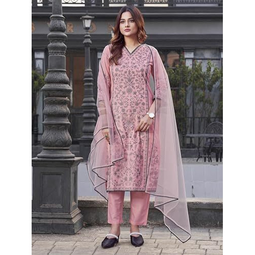 Womanista Women's Pure Cotton Kurta With Trouser & Dupatta (Kurtaset_1410_Baby Pink_L)