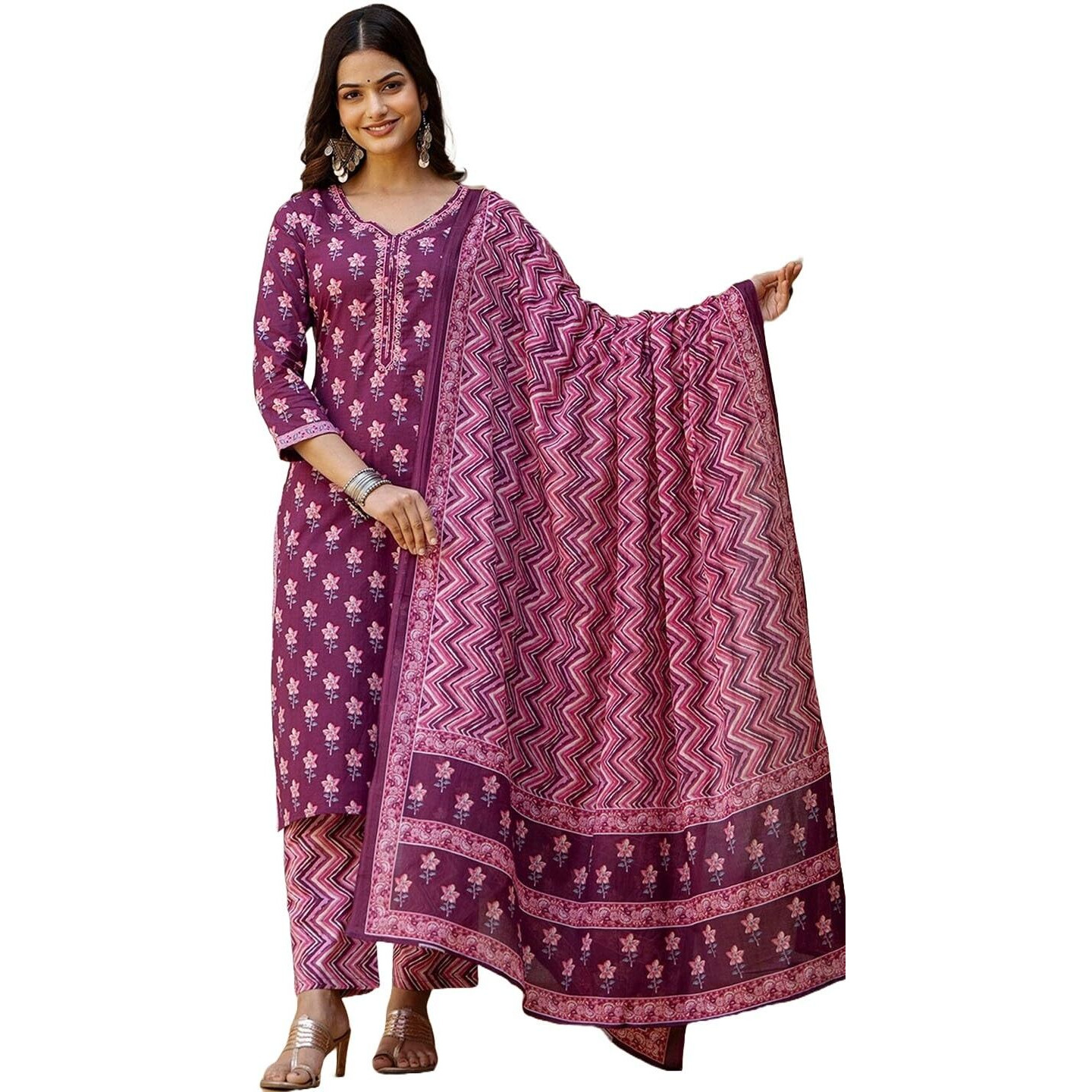 Alvami Women's Viscose Printed Straight Kurta And Pant Set With Dupatta (Babita_Purple_Al_M)