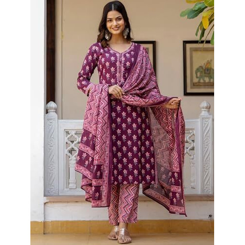 Alvami Women's Viscose Printed Straight Kurta And Pant Set With Dupatta (Babita_Purple_Al_M)