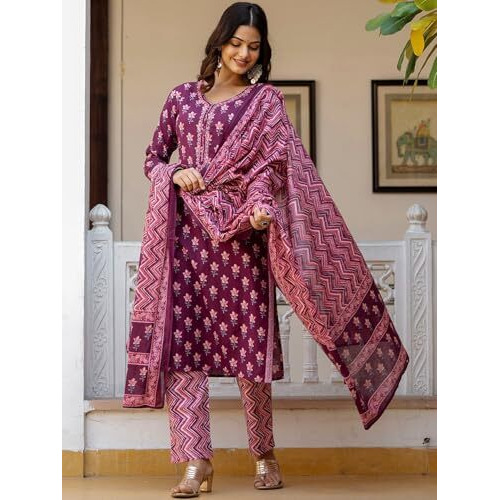 Alvami Women's Viscose Printed Straight Kurta And Pant Set With Dupatta (Babita_Purple_Al_M)
