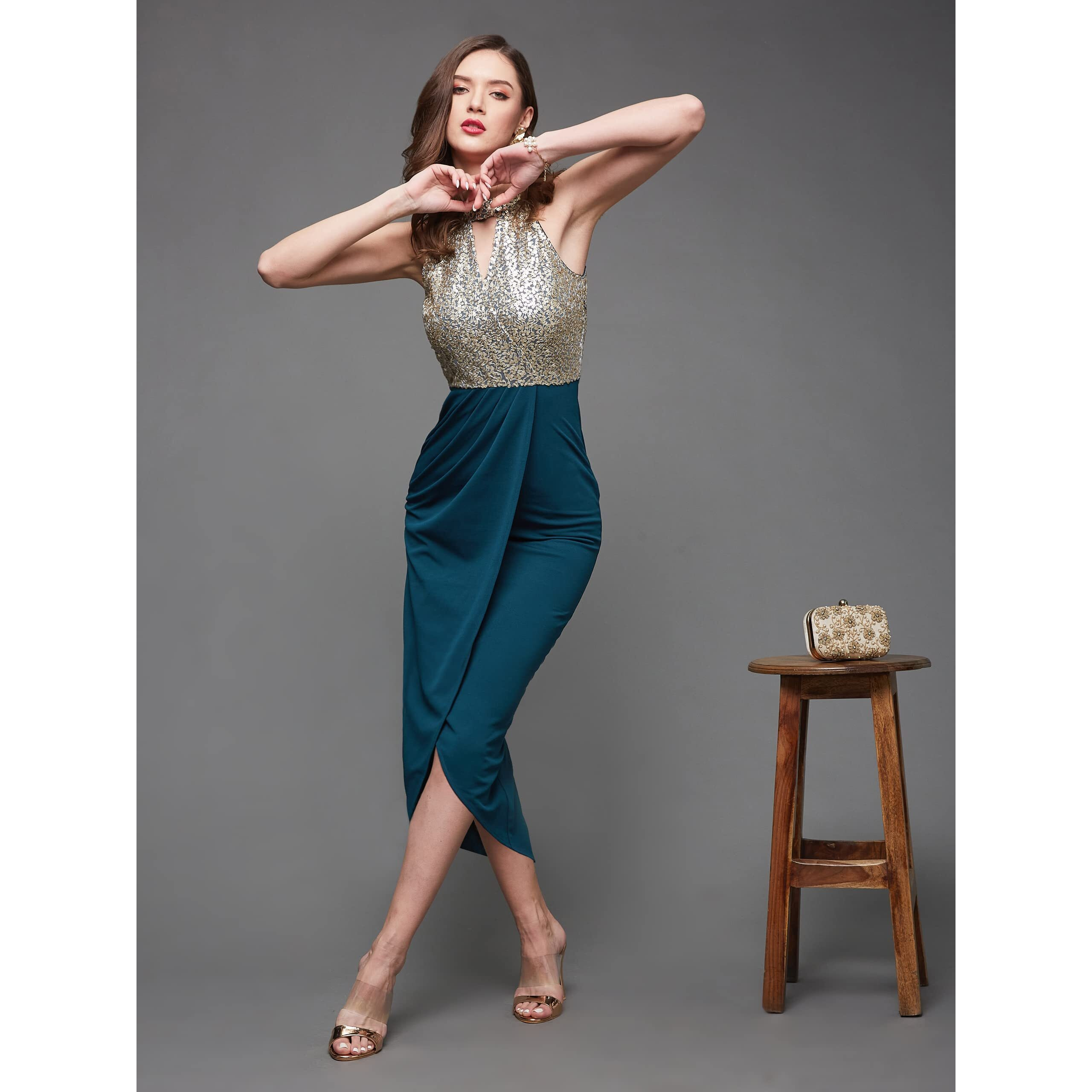 Miss Chase Women's Teal Halter Neck Sleeveless Solid Embellished Midi Dress (Mcaw21D13-17-83-05, Teal, L)