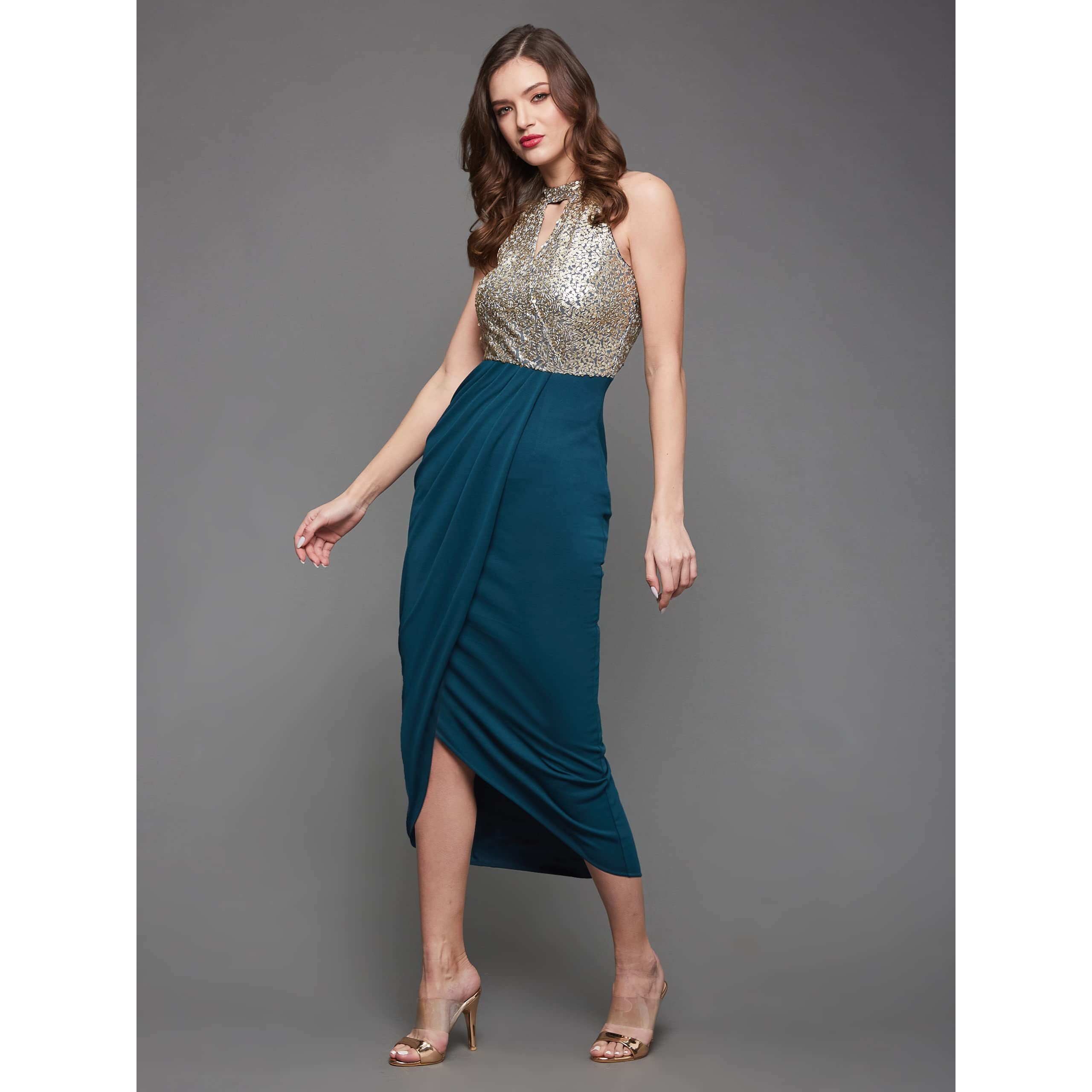 Miss Chase Women's Teal Halter Neck Sleeveless Solid Embellished Midi Dress (Mcaw21D13-17-83-05, Teal, L)