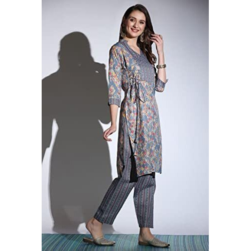 Greciilooks Womens Cotton Casual Regular Fit Kurta Pant Set (Grey, Medium)
