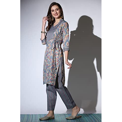 Greciilooks Womens Cotton Casual Regular Fit Kurta Pant Set (Grey, Medium)