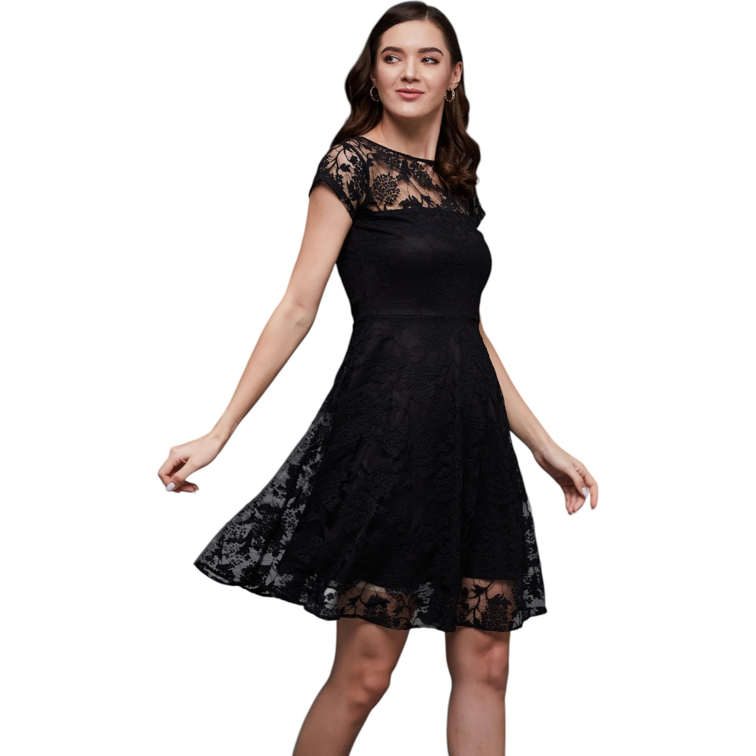 Miss Chase Women's Round Neck Cap Sleeves Low Back Lace Skater Dress (Mcss25D93-21-594-06, Ultimate Black, Xl)