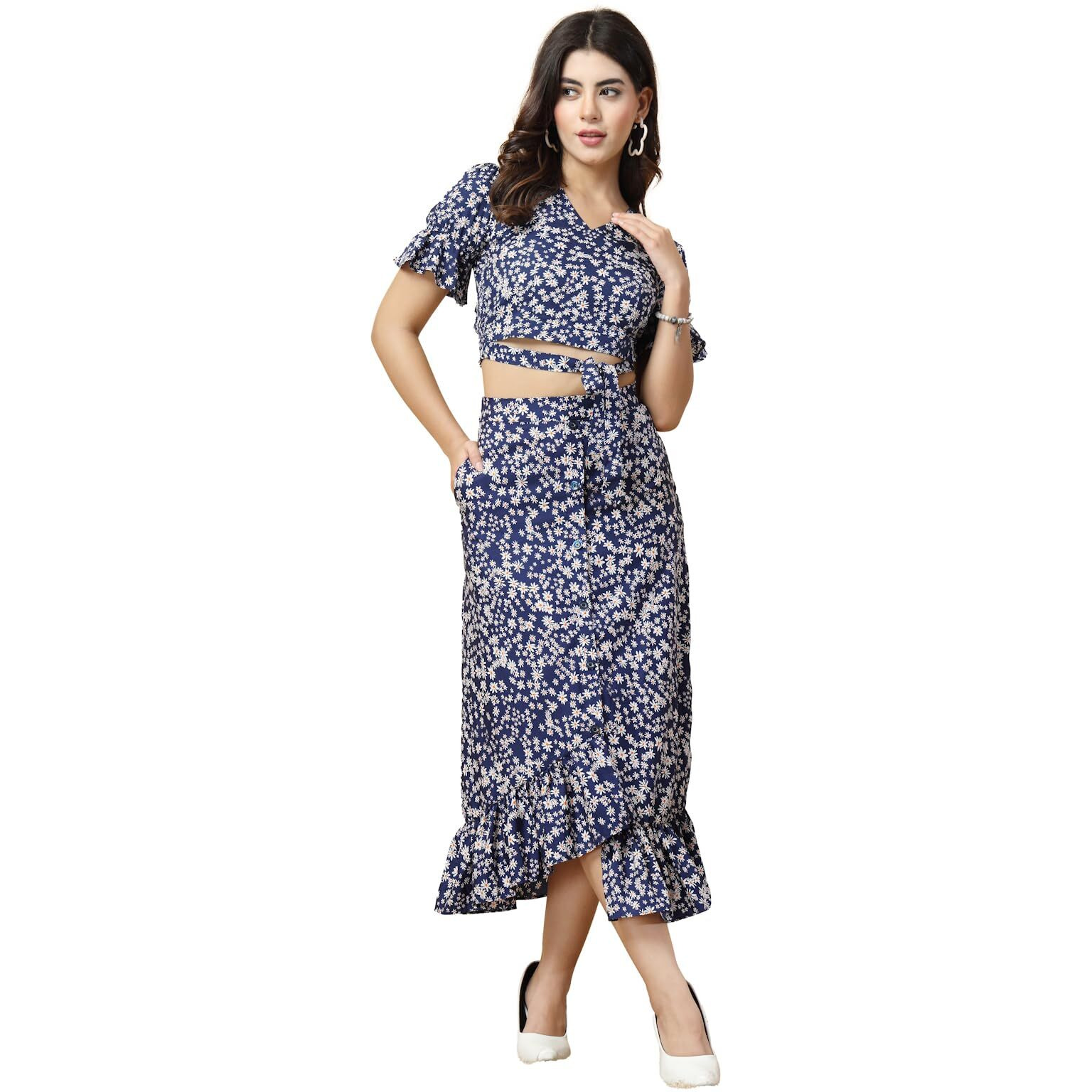 Oomph Crepe Crop Top And Skirt Set For Women, Blue - Coord_Mt890Msk198