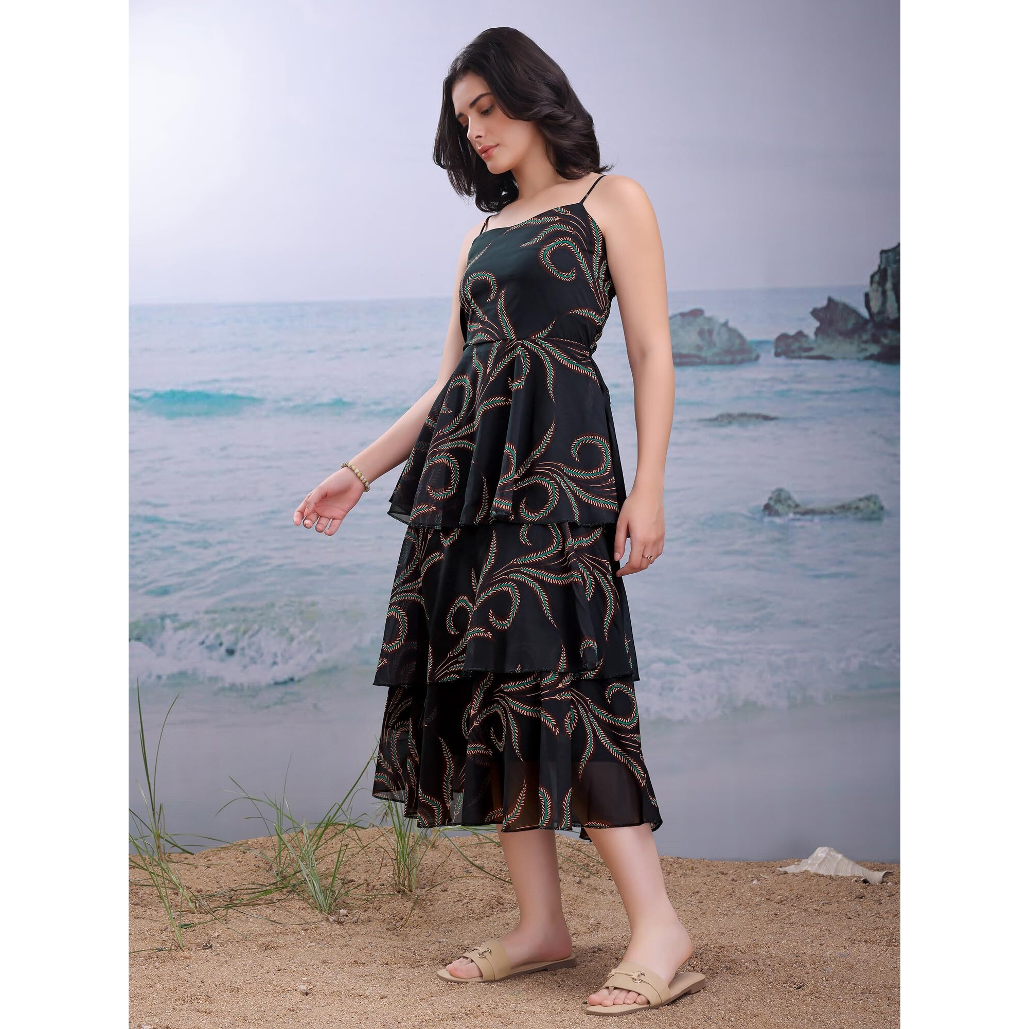 Purvaja Womens Layered Midi Black Dress (Floe-155-L)