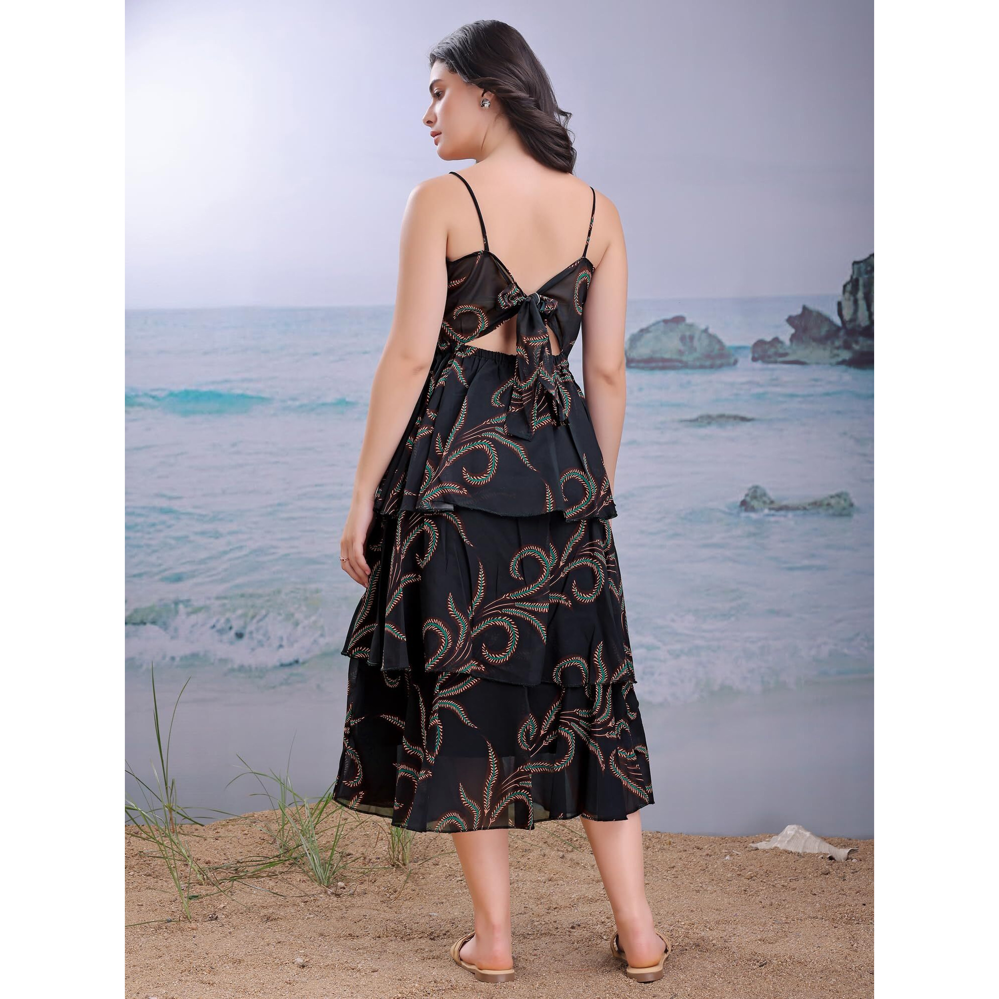 Purvaja Womens Layered Midi Black Dress (Floe-155-L)