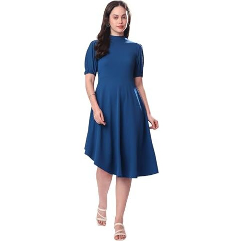 Purvaja Womens Fit & Flare Knee Length Dress (Bely-118_Dark Blue_Medium)