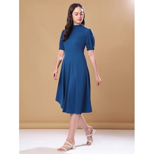 Purvaja Womens Fit & Flare Knee Length Dress (Bely-118_Dark Blue_Medium)
